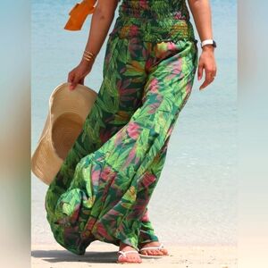 Tropical Green Leaf Print Wide-Leg Pants